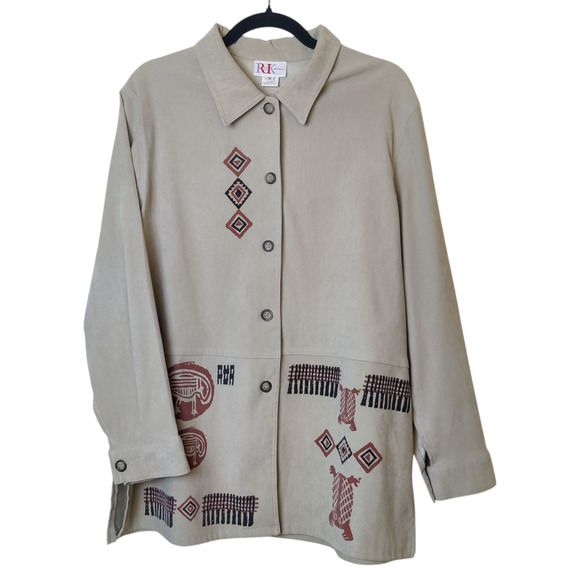 Vintage R&K Originals Faux Suede 90s Shirt Jacket Beige 12 Aztec Tribal Print - Picture 1 of 10